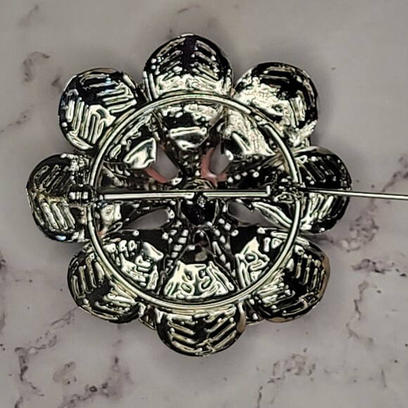 Floral Brooch pin vintage 3D pink silver rhinestones - Picture 5 of 6